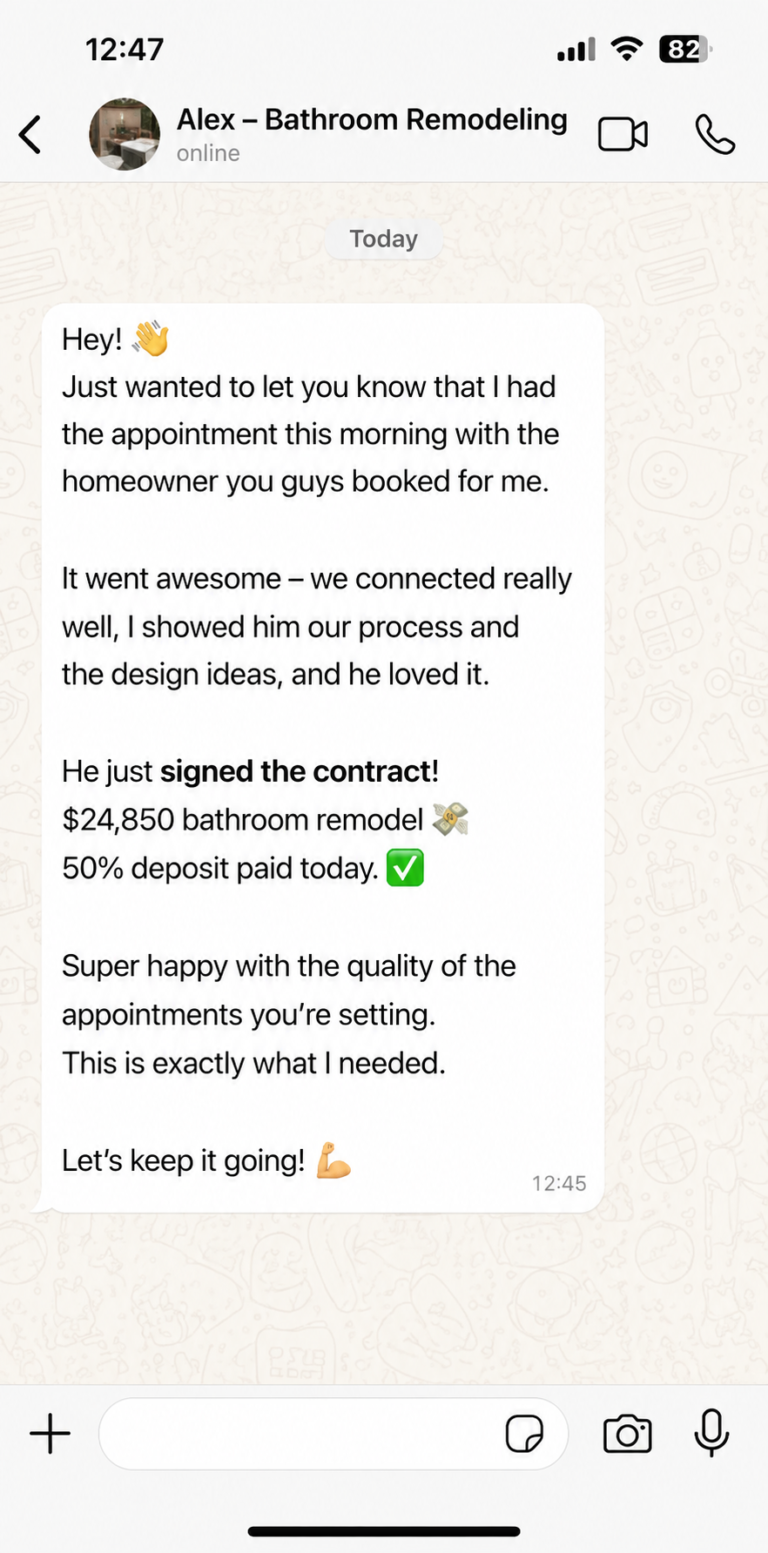 Contractor message: signed contract for a $24,850 bathroom remodel, deposit paid