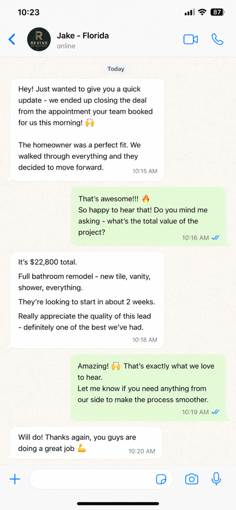 Contractor message about appointment quality