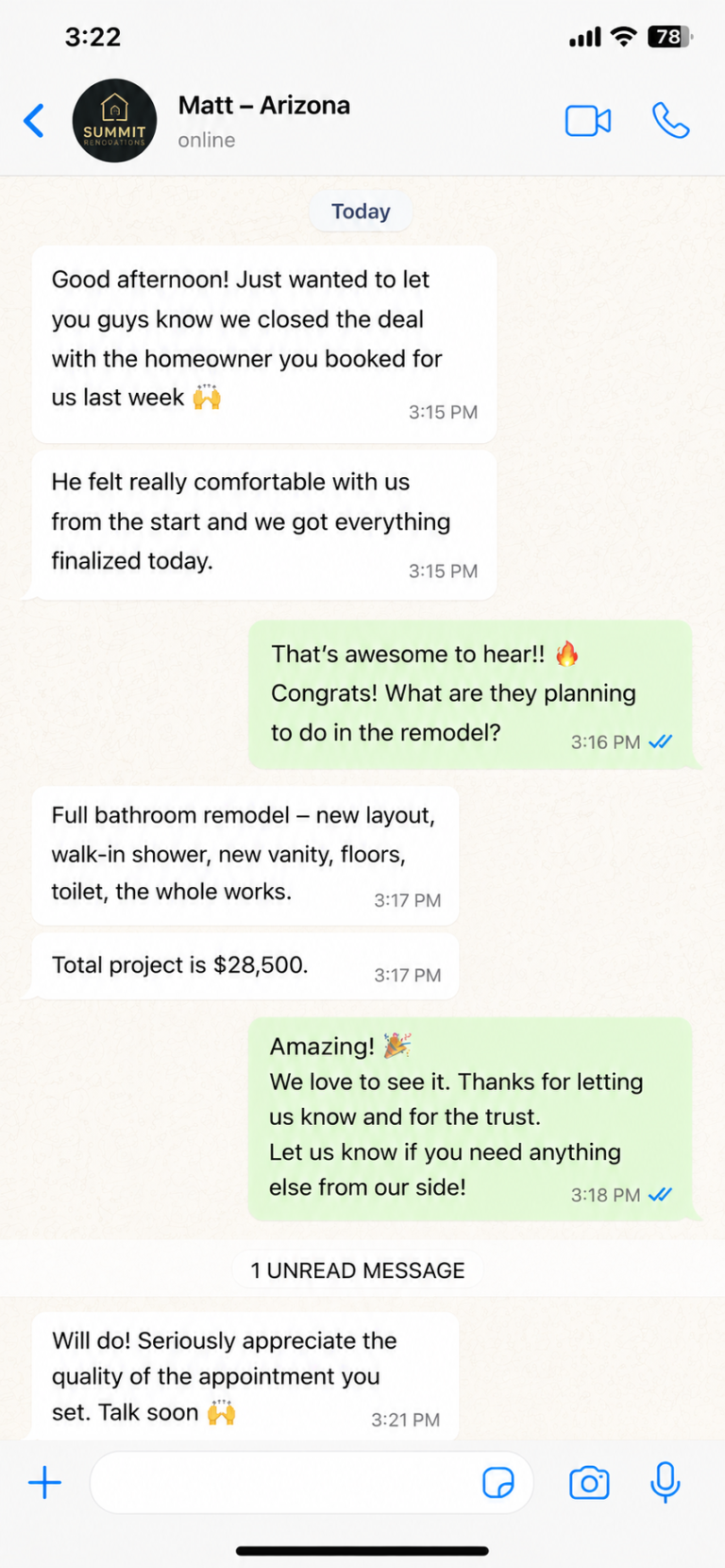 Contractor message about appointment quality