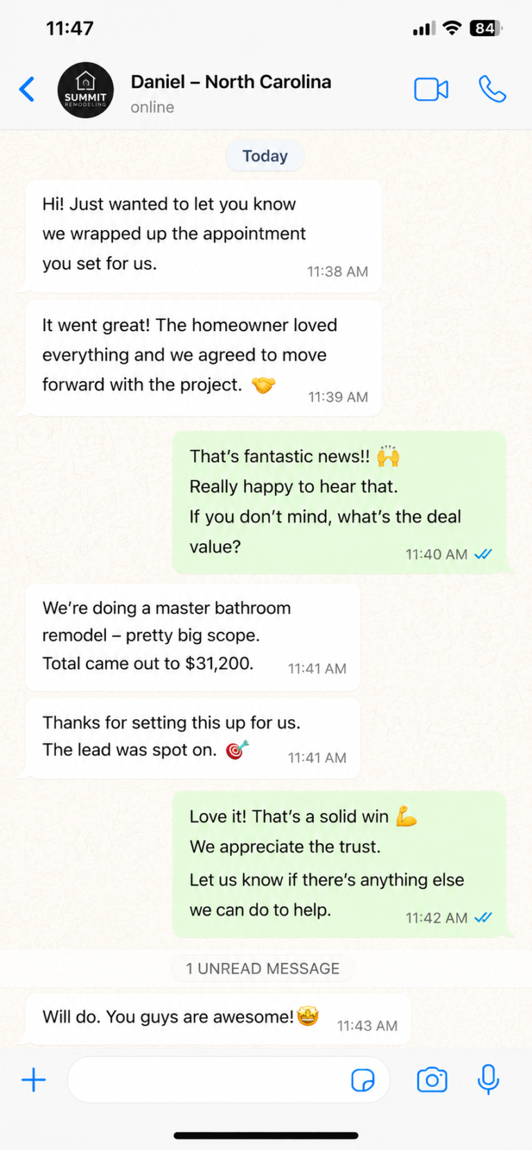 Contractor message about appointment quality